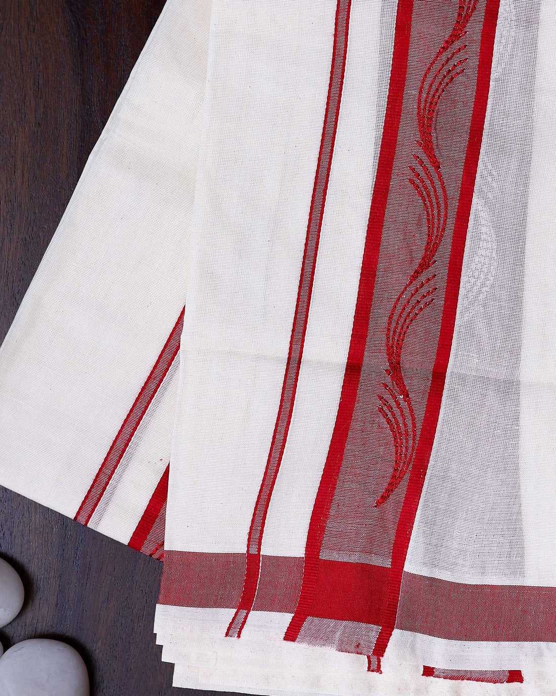 Men's Traditional Handwoven Cotton Dhoti with Red Border and Elegant Finish - White