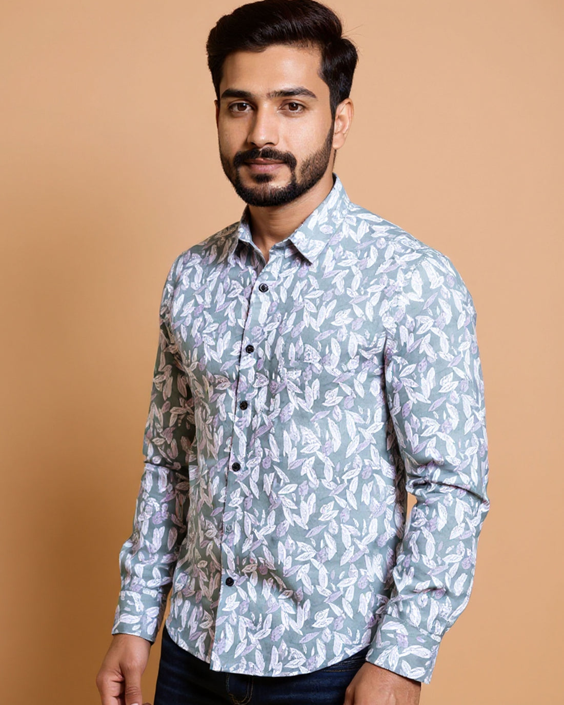 Men's Nativebull Brand Casual Shirt with Leaf Print Design - Green