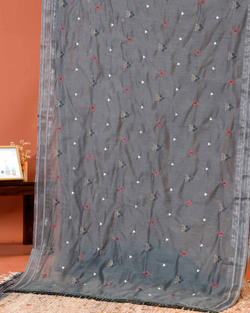 Elegant Linen Cotton Saree with Floral Embroidered and Tasselled Pallu - Grey