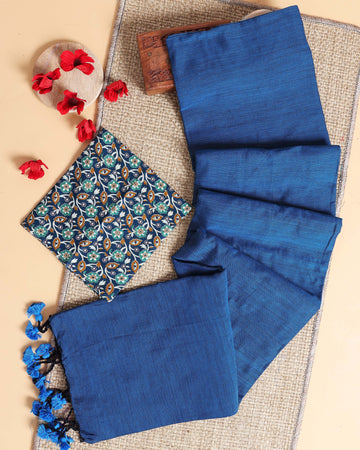 Handwoven Khadi Cotton Saree with Contrast Printed Blouse and Tassel Accents - Blue