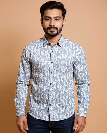Men's Nativebull Brand Casual Shirt with Leaf Print Design - Green