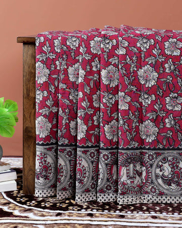 Traditional Kalamkari Cotton Saree with Intricate Floral & Avian Motifs - Red