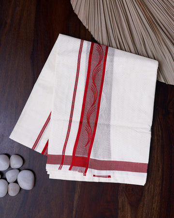 Men's Traditional Handwoven Cotton Dhoti with Red Border and Elegant Finish - White