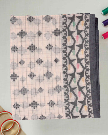 Checked Bengal Cotton Saree with Geometric and Temple-Inspired Border - Pink