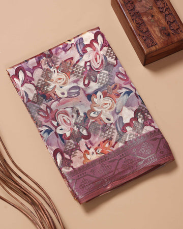 Floral Pattern Dola Silk Saree With Woven Border - Multi