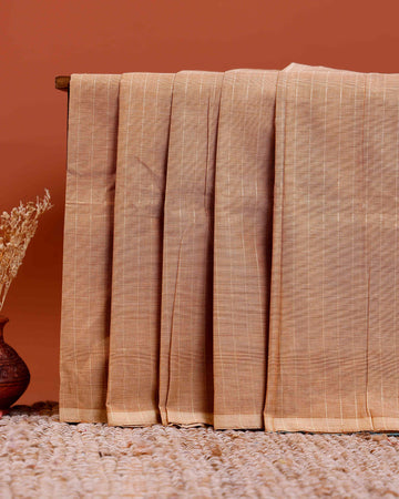 Traditional Chettinad Cotton Saree with Subtle Stripes and Traditional Weave - Sandal
