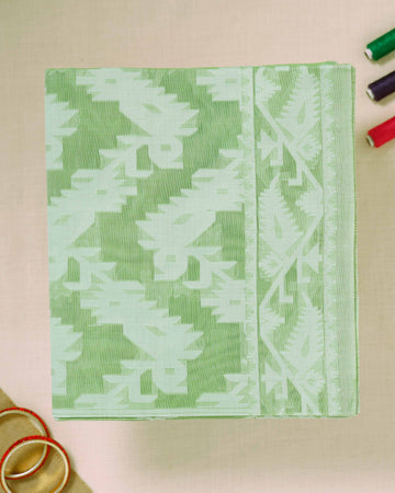 Ikat-Inspired Bengal Cotton Saree With Bold Geometric Weaves - Green