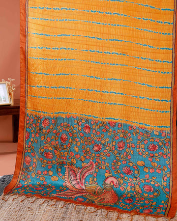 Elegant Semi Tussar Silk Saree with Intricate Nature-Inspired Patterns and Textured Stripes - Yellow