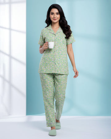 Women's Floral Print Button-Down Night Wear - Green