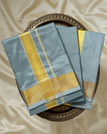 Grey Color Silk Dhoti With 2.40 Meter Shirt Bit & Towle