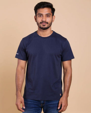 Nativebull Men's Solid Round Neck Half Sleeve Cotton T-Shirt - Navy Blue
