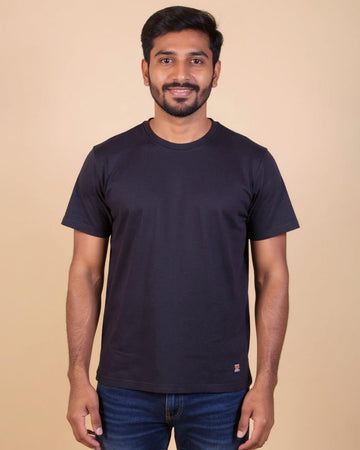 Nativebull Men's Solid Round Neck Half Sleeve Cotton T-Shirt - Black