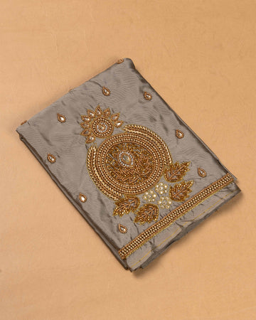 Unstitched Blouse Material with Intricate Gold Aari Embroidery & Mirror Work - Brown