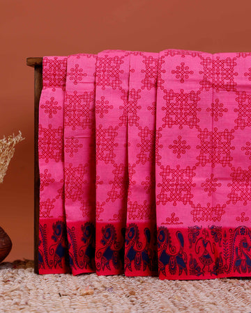 Elegant Sungudi Cotton Saree with Traditional Pattern Design - Pink