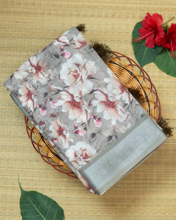 Floral Printed Linen Cotton Saree - Grey