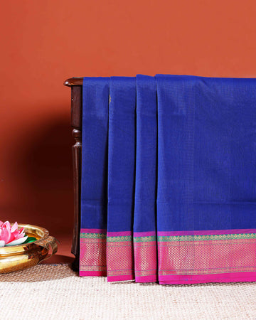 Handloom Chettinad Cotton Saree with Traditional Border and Zari Accents - Blue