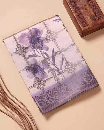 Floral Pattern Dola Silk Saree With Woven Border - Purple
