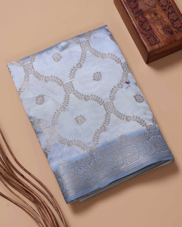 Floral Pattern Dola Silk Saree With Woven Border - Grey