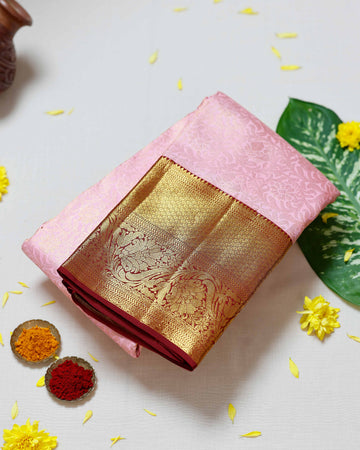 Kanchipuram Pure Silk Saree with Intricate Zari Border and Traditional Motifs - Pink
