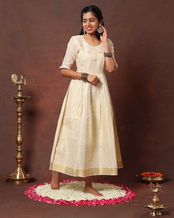 Elegance Traditional Kasavu-Inspired Anarkali Kurta - Ivory