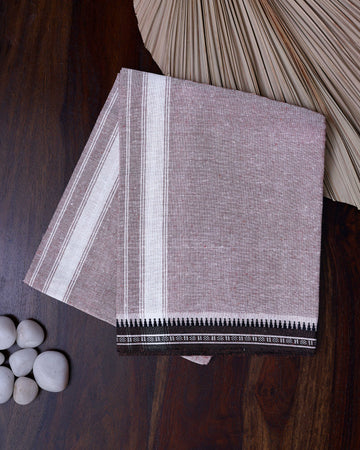 Men's Handloom Cotton Dhoti with Striped Pattern and Black Border - Brown