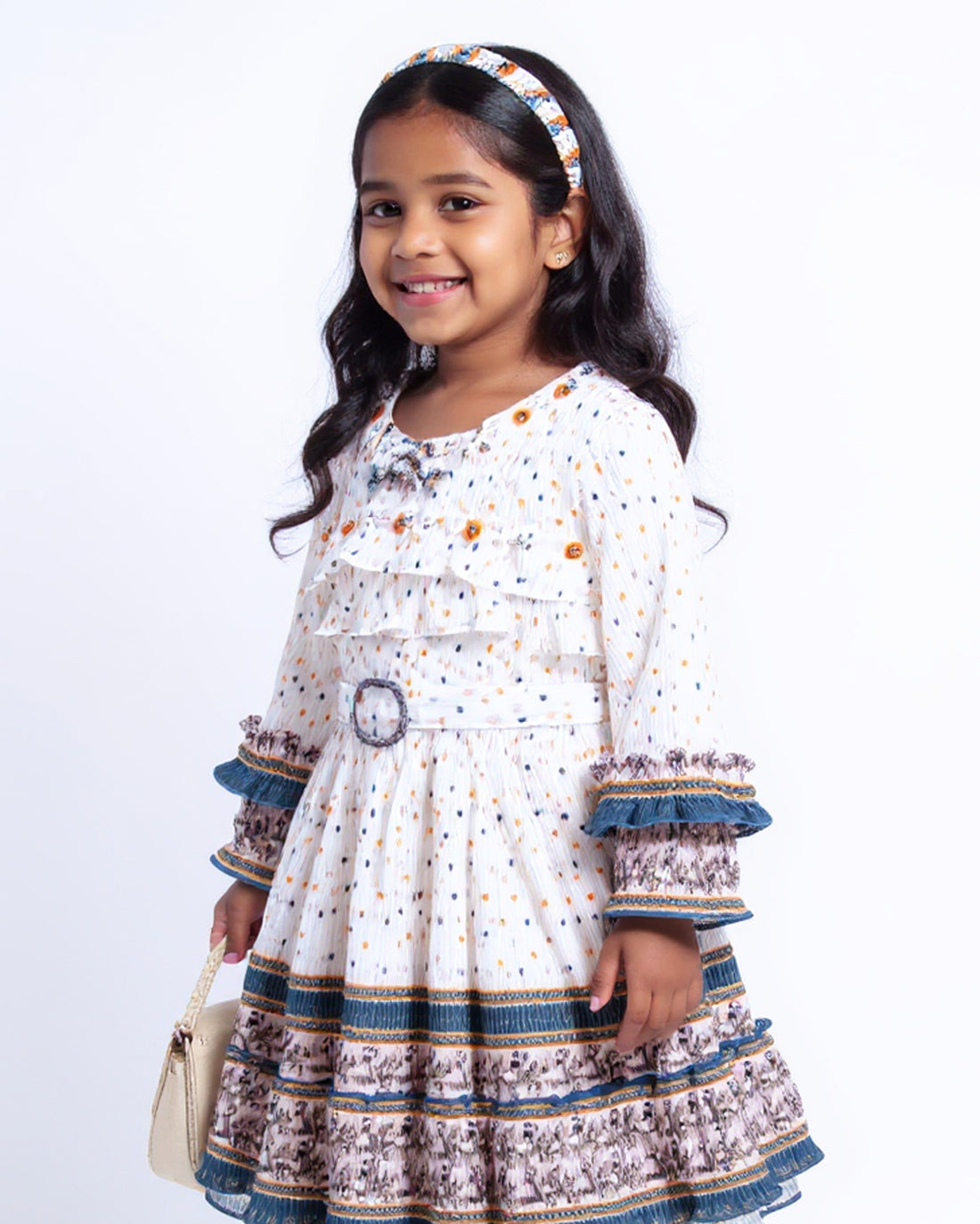 Girls' Tiered Ruffle Western Wear Dress with Embroidered Yoke & Bell Sleeves - Cream