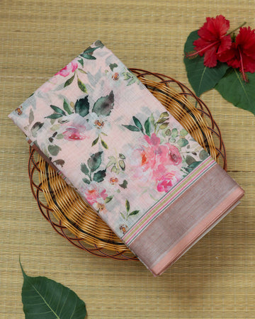 Light Pink Colour Printed Linen Cotton Saree