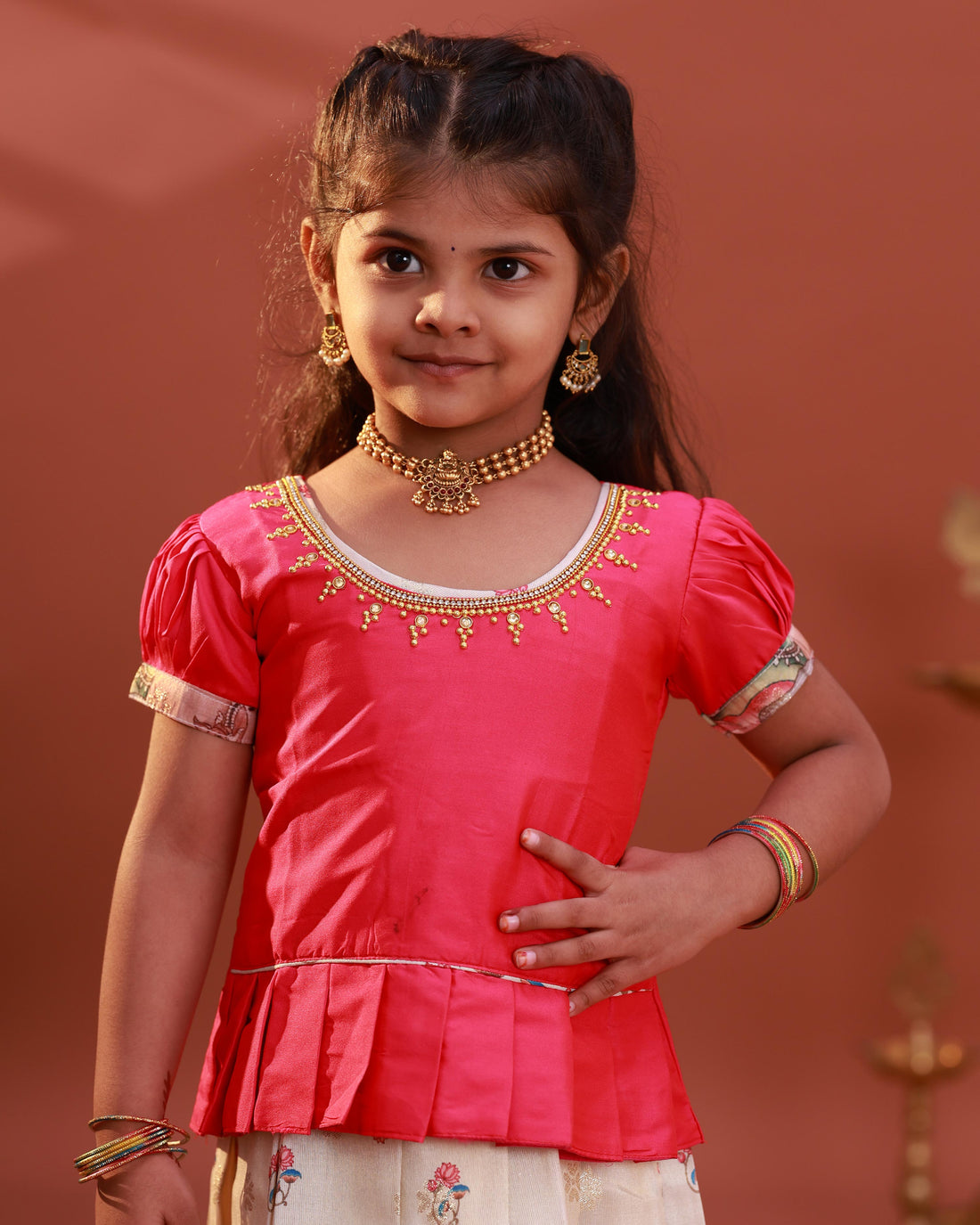 Kids Readymade Pattu Pavadai Set with Embellished Neck Puff Sleeve Blouse and Printed Skirt - Pink