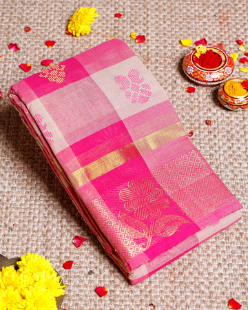 Traditional Handloom Woven Chettinad Cotton Saree with Floral Zari Motifs - Multi