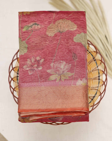Ethnic Floral Printed Tissue Saree - Pink