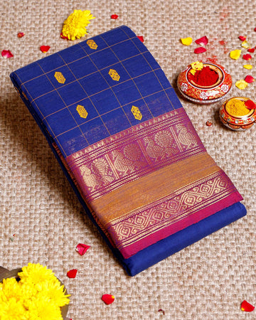 Elegant Chettinad Cotton Saree with Traditional Zari Border & Butta Motifs - Blue