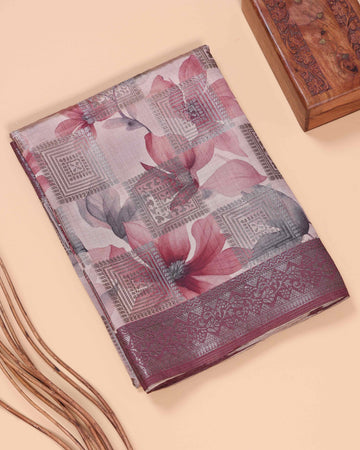 Floral Pattern Dola Silk Saree With Woven Border - Multi