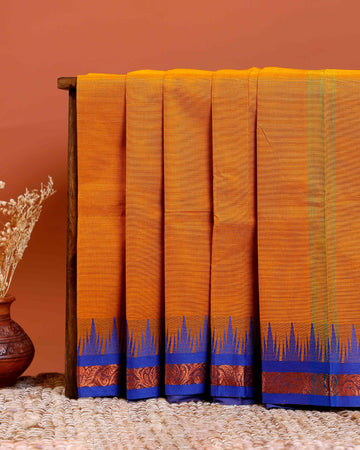 Traditional Chettinad Cotton Saree with Contrast Temple Border and Intricate Zari Detailing - Mustard