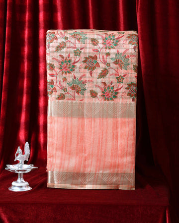 Elegance in Floral Print Semi Silk Saree - Peach