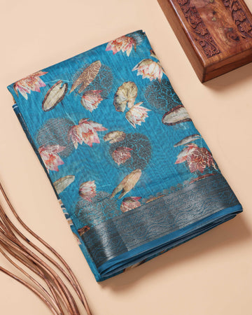 Floral Pattern Dola Silk Saree With Woven Border - Blue