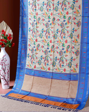 Traditional Kota Cotton Saree with Intricate Floral and Paisley Weaving and Contrast Woven Border - Sandal