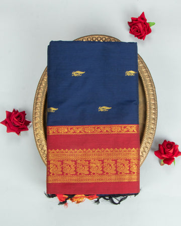 Navy Blue Kalyani Cotton Saree With Maroon Border