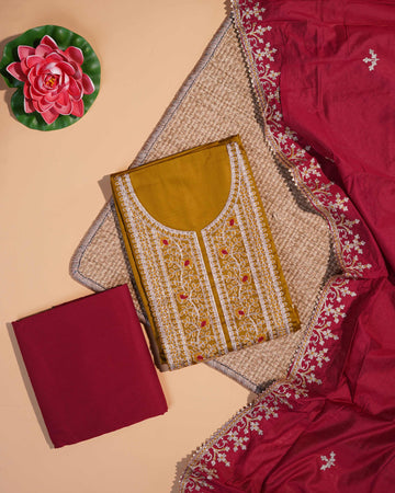 Unstitched Salwar Material with Intricate Floral Embroidery - Green