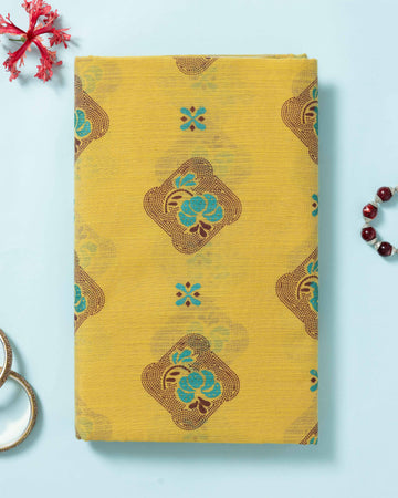 Elegance in Floral Print Semi Silk Saree - Yellow