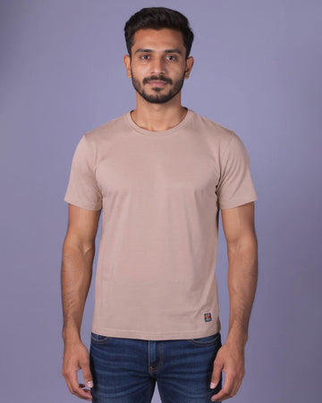 Nativebull Men's Solid Round Neck Half Sleeve Cotton T-Shirt - Brown