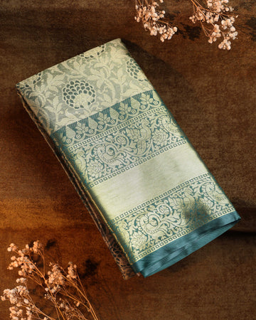 Ethnic Thread Design Litchi Silk Saree - Green