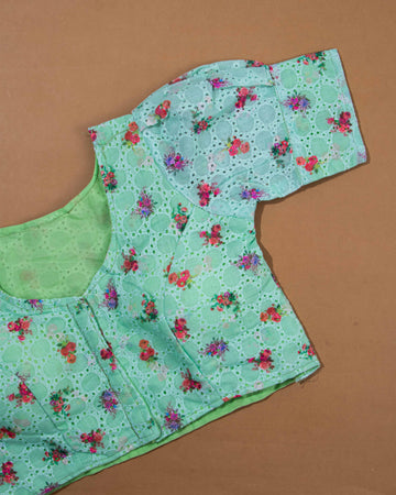 Printed Cotton Eyelet Readymade Blouse with Elbow Sleeves - Green