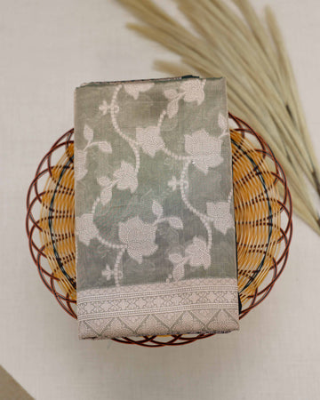 Ethnic Floral Printed Tisssue Saree - Green