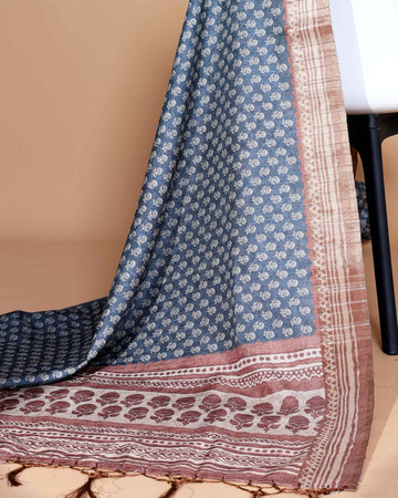 Grey Colour Art Silk Saree with Small Floral Buti Weave and Black Border