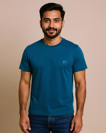JASE Men's Solid Round Neck Half Sleeve Regular Fit T-Shirt - Turquoise Blue