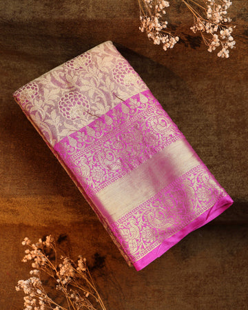 Ethnic Thread Design Litchi Silk Saree - Pink