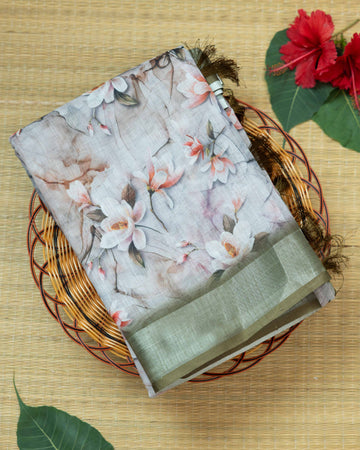 Grey Colour Printed Linen Cotton Saree