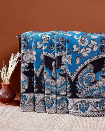 Traditional Handloom Kalamkari Cotton Saree with Intricate Floral and Avian Motifs - Blue