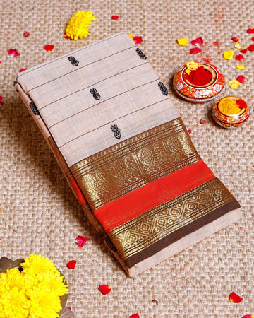 Traditional Chettinad Cotton Saree with Traditional Butta Weave and Zari Border - Sandal