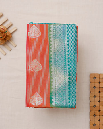 Ethnic Striped Design Soft Silk Saree - Orange